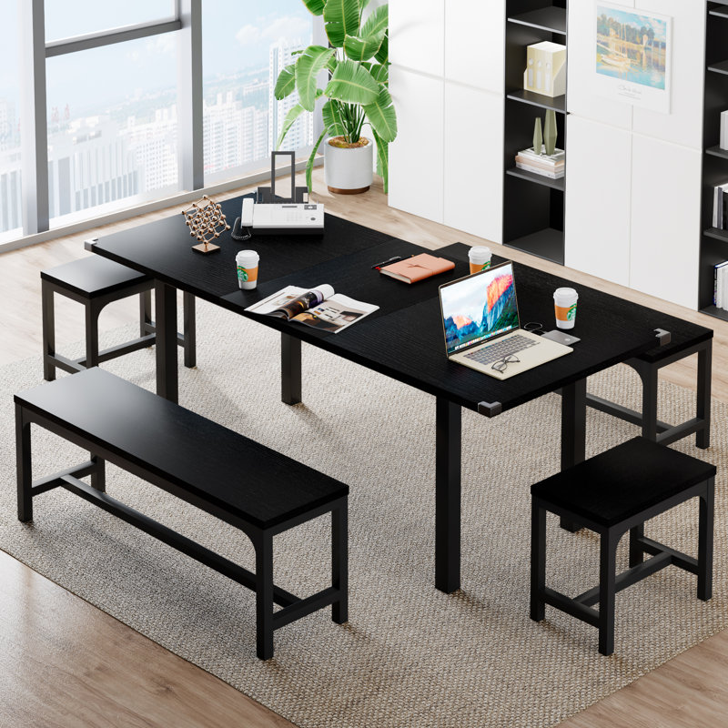 5-Piece Dining Table Set for 4-8 People, Extendable Kitchen Table Set with 2 Benches and 2 Square Stools, Mid-Century Dining Room Table , Saving Space