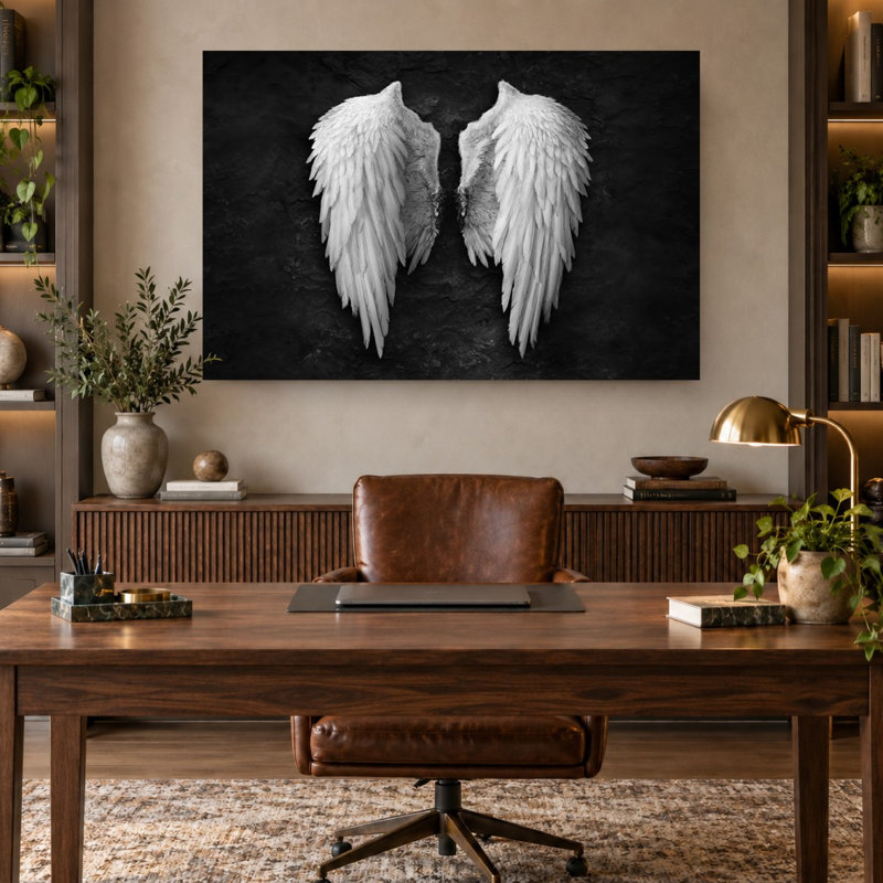 «Angel Wings», reproduction d'art sur toile en noir et blanc, H 30 po x l 45 po