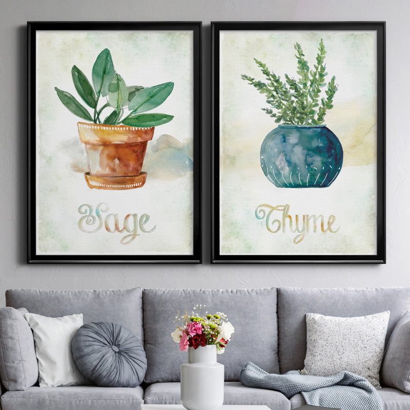 Sauge en pot - ensemble de 2 peintures sur toiles, Black Framed Canvas, H 26,5 po x l 73 po x P 1,5 po
