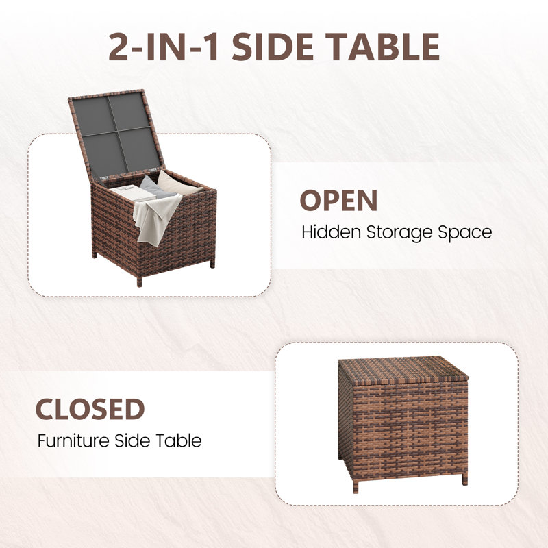  Alexandia Outdoor Square Rattan Wicker Side Table With Storage, Brown