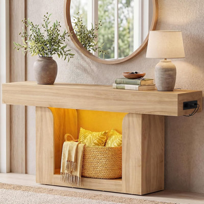 63" W Console Table, Entryway Table With LED Lights And Charging Station