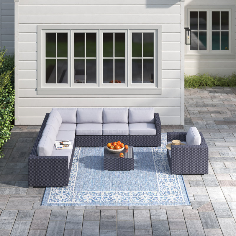 Ensemble de conversation pour 7 personnes avec coussins Demarest Wicker, Noir