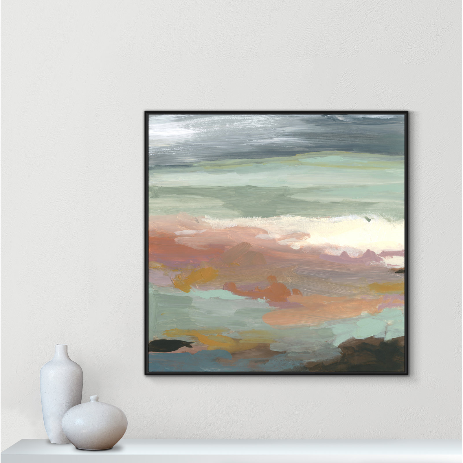 Bingham "Ocean Bluffs" Painting by Carol Robinson, Picture Framed Canvas, 46.5" H x 46.5" W, Black