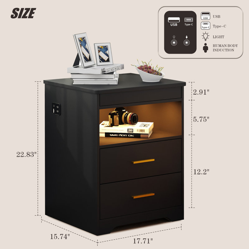 45cm W Manufactured Wood Bedside Table, Black