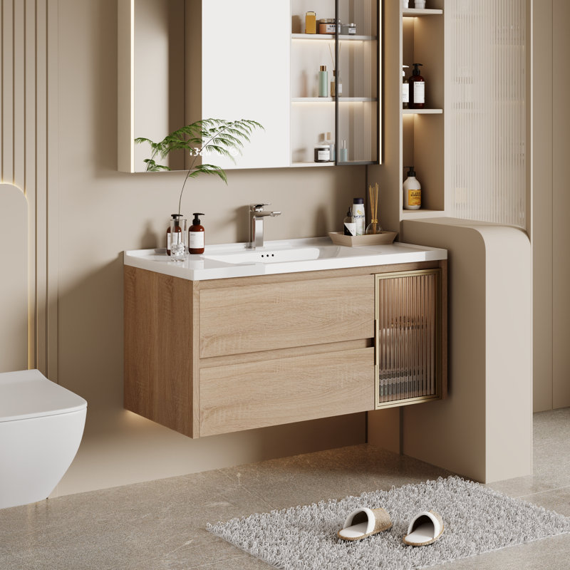 36" Natural Wood Wall-Mounted Bathroom Vanity Base, Multi-Layer Solid Wood Floating Bathroom Cabinet with Fluted Acrylic Door & Soft-Close Drawers, No Sink