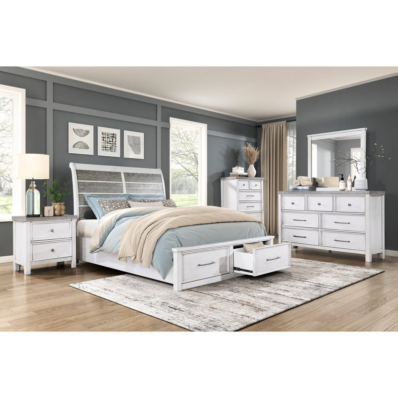 Grand lit avec rangement en plateforme rustique au fini gris antique et blanc