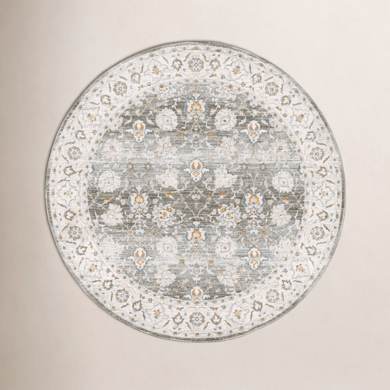 Tapis oriental tissé à la machine Delyse en polyester olive / doré / beige / gris, Rond 7 pi 10 po