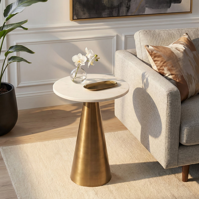 15 in. W Round Marble and Metal Side Table