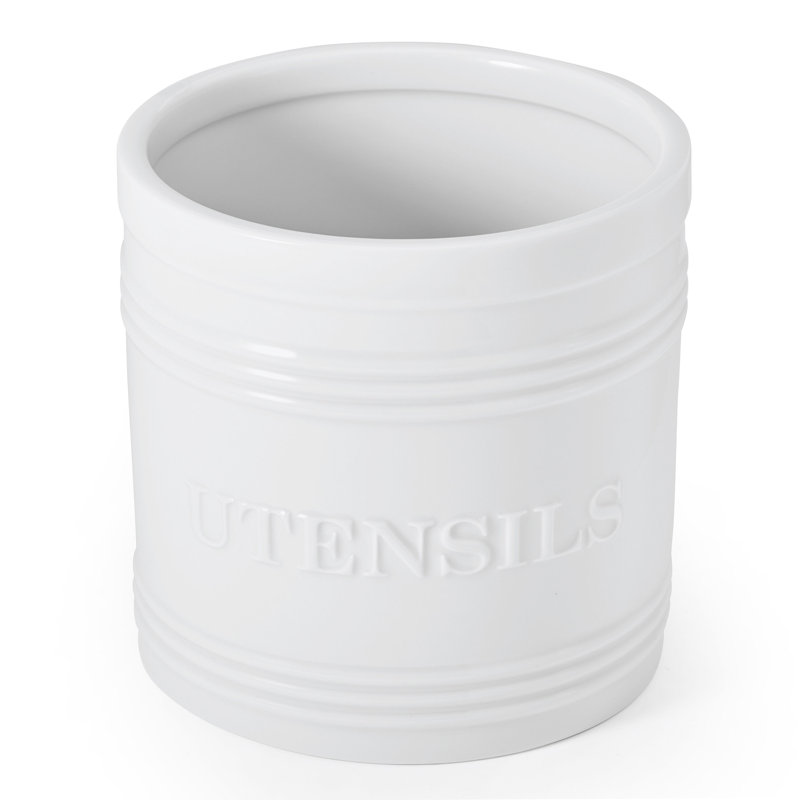 White Ceramic Bistro Utensil Crock with Embossed Design