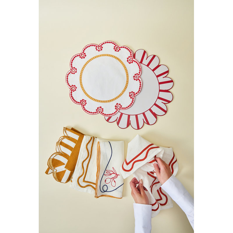 Embroidered Linen Scalloped Stripe Double-Sided Placemats, Orange