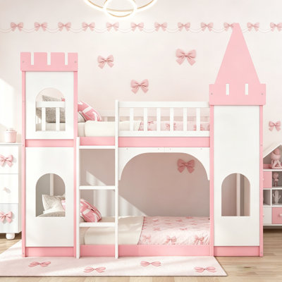 Lit superposé simple au-dessus d'un lit simple avec échelle, structure en bois de pin robuste, espace de jeu et de sommeil polyvalent, rose