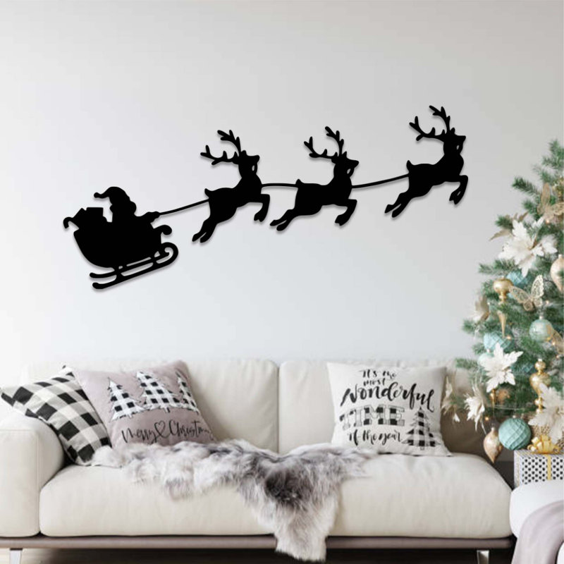 Art mural en métal Père Noël en forme de traîneau, Noir, H 16 po x l 36 po x P 0,12 po