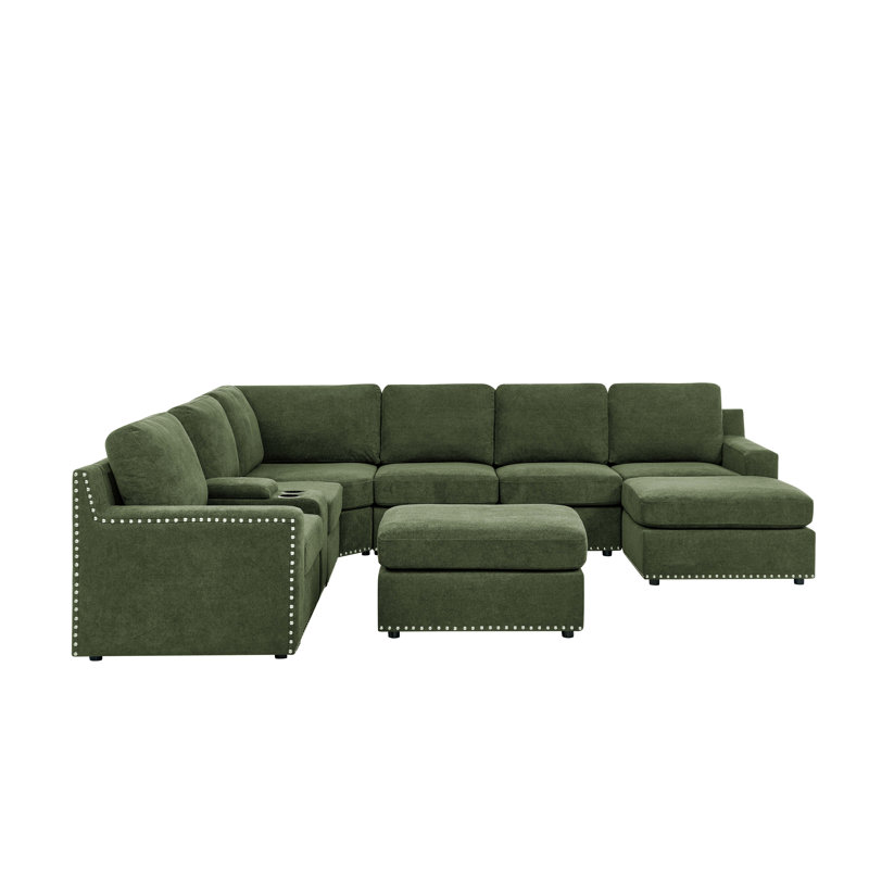Canapé modulaire de coin réversible de 77 po avec repose-pieds Astare, Mélange de polyester vert foncé