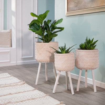 Handwoven Bamboo and Pine Wood Planters with Tripod Base, Decorative Woven Design, Durable Construction, Set of 3
