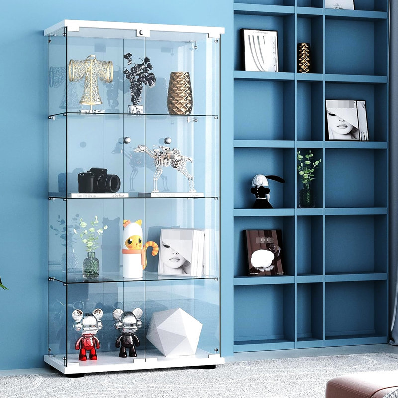 Vitrine à 4 tablettes et 2 portes en verre blanc avec poussoir à DEL, verrouillable, verre trempé de 5 mm, plancher pour chambre à coucher et salon, très grand espace de rangement de 8,5 pieds cubes, 12 couleurs vives