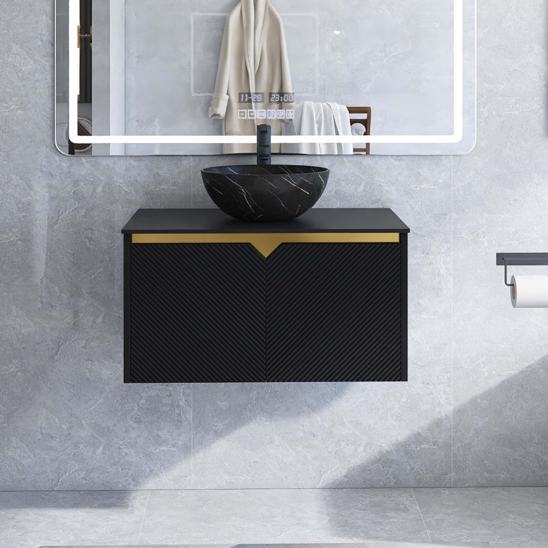 Meuble-lavabo mural en contreplaqué avec vasque, portes doubles en sergé avec garniture en métal