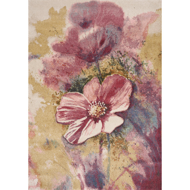 Tapis floral rose / jaune, Rectangle 5 pi 3 po x 7 pi 7 po