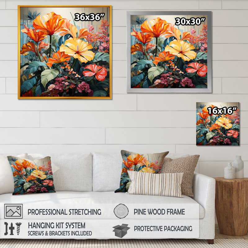 Vibrant Botanical Plants Symphony II, H 30 po x l 30 po x P 1 po, Cadre flottant doré