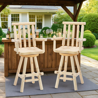 Ensemble de 2 chaises de bar pivotantes en bois massif Adirondack de style rustique avec dossier à lattes, capacité de 500 lb, chaise de patio à hauteur de comptoir de 29,78 po pour porche, terrasse, pub, chalet, naturel