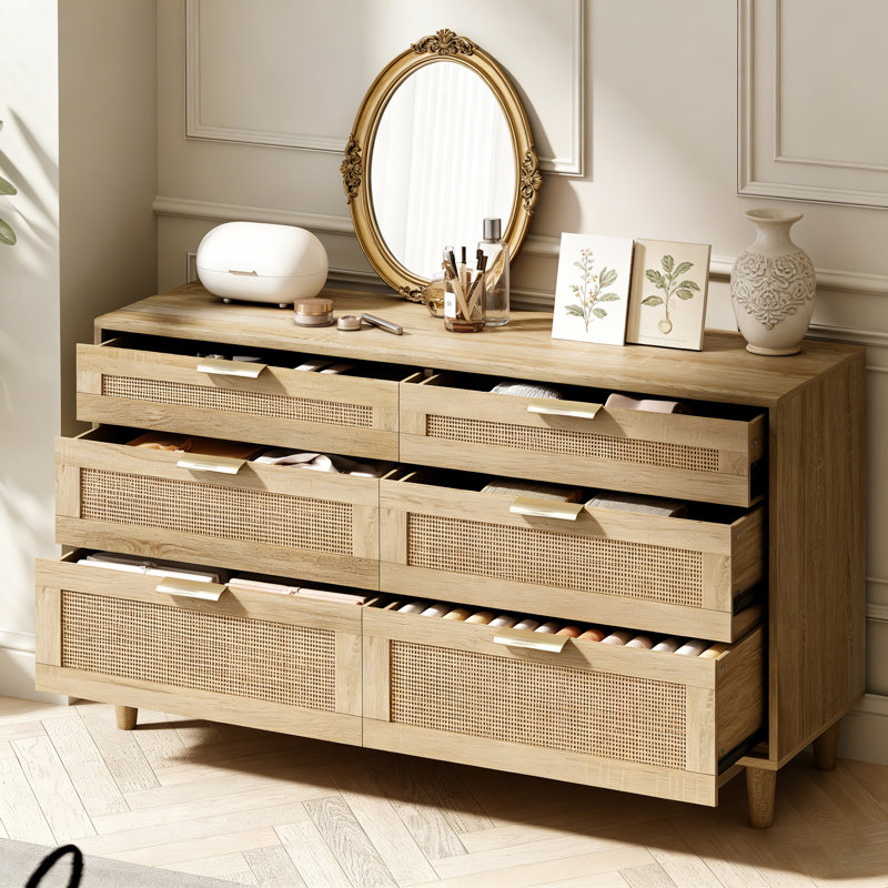 Commode de rangement à 6 tiroirs avec façade en rotin, poignées en métal et base en bois