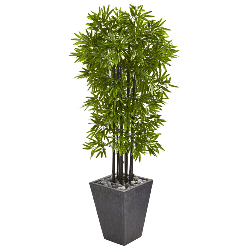 61 po Arbre artificiel en bambou avec troncs noirs en pot d'ardoise résistant aux rayons UV (intérieur / extérieur)