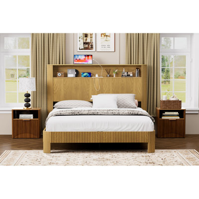 Queen Size Bed Frame With Storage Headboard, Built-In Charging Station, Wavy Curved Lines Design, Silent Operation, Metal Support, Natural