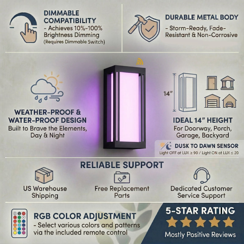 14.5''H RGB LED Dimmable APP Control Aluminum Outdoor Wall Light with Dusk to Dawn and Milky White Acrylic Shade