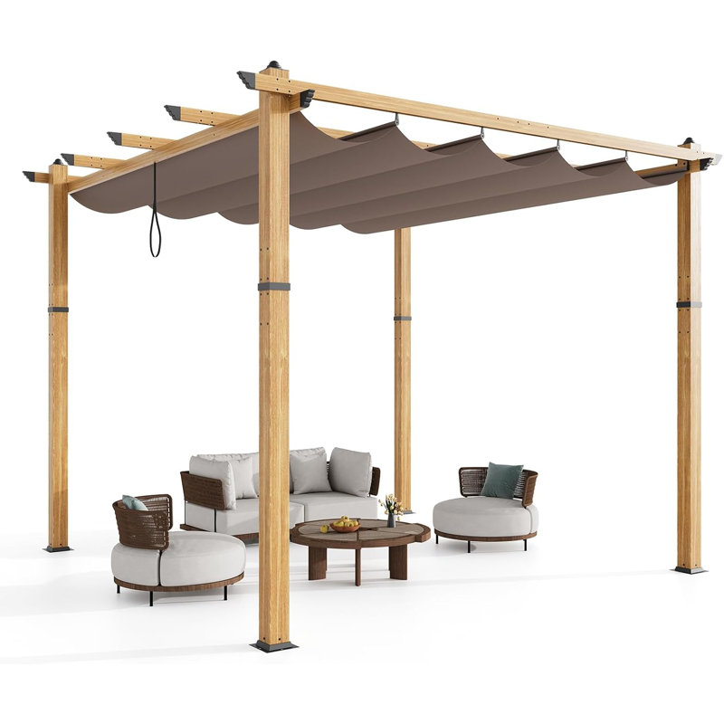 Outdoor Retractable Pergola Aluminium Pergola Canopy with Adjustable Roof, Upgraded Faux Wood Grain Modern Metal Patio Pergola for Deck, Backyard Garden, Porch, Grape Trellis