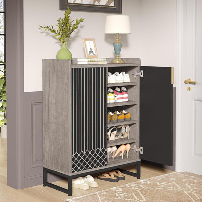 29.52” Grey & Black Shoe Cabinet With Doors, 5 Tiers Shoe Storage Organizer