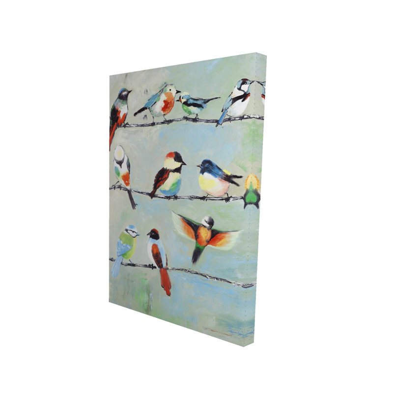 Petits oiseaux colorés abstraits - décor d'oiseaux verts sur toile