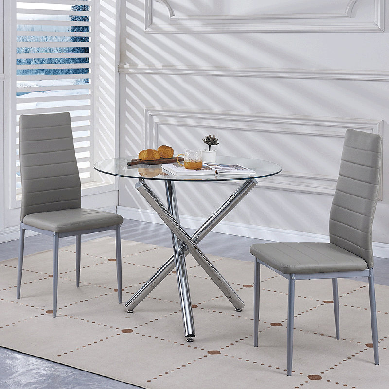 Ensemble de salle à manger rond 3 pièces, ensemble de 2 chaises de table pour la cuisine et la salle à manger, coin repas, plateau de table en verre, argent / gris