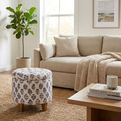 Round Storage Ottoman-Blue Floral Pattern