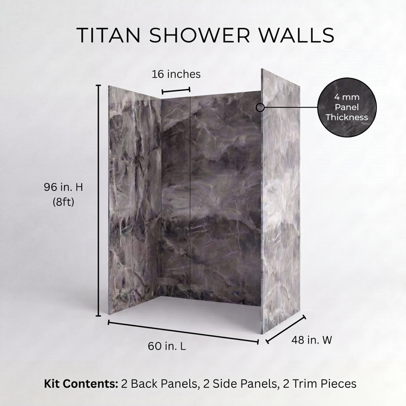 Titan Aluminum Composite 60" W x 48" D x 96" H 3-Piece Trimmable Shower Wall Panel Kit, White Caruso High Gloss