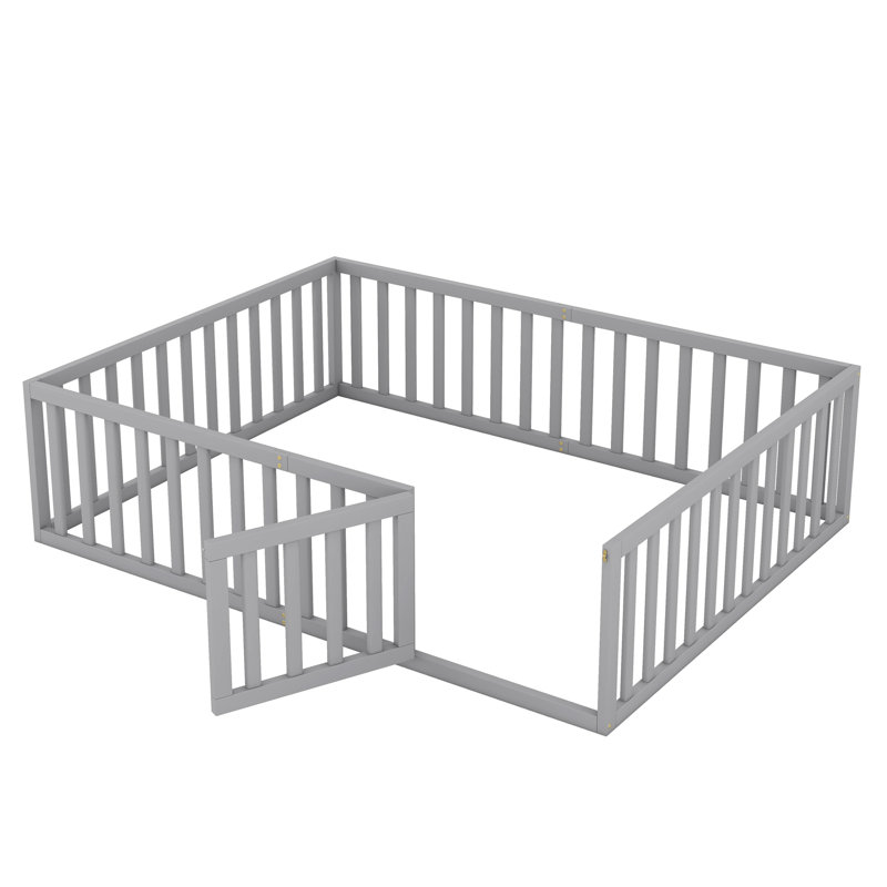 Structure de lit en bois avec clôture et porte, Grand lit, Gris