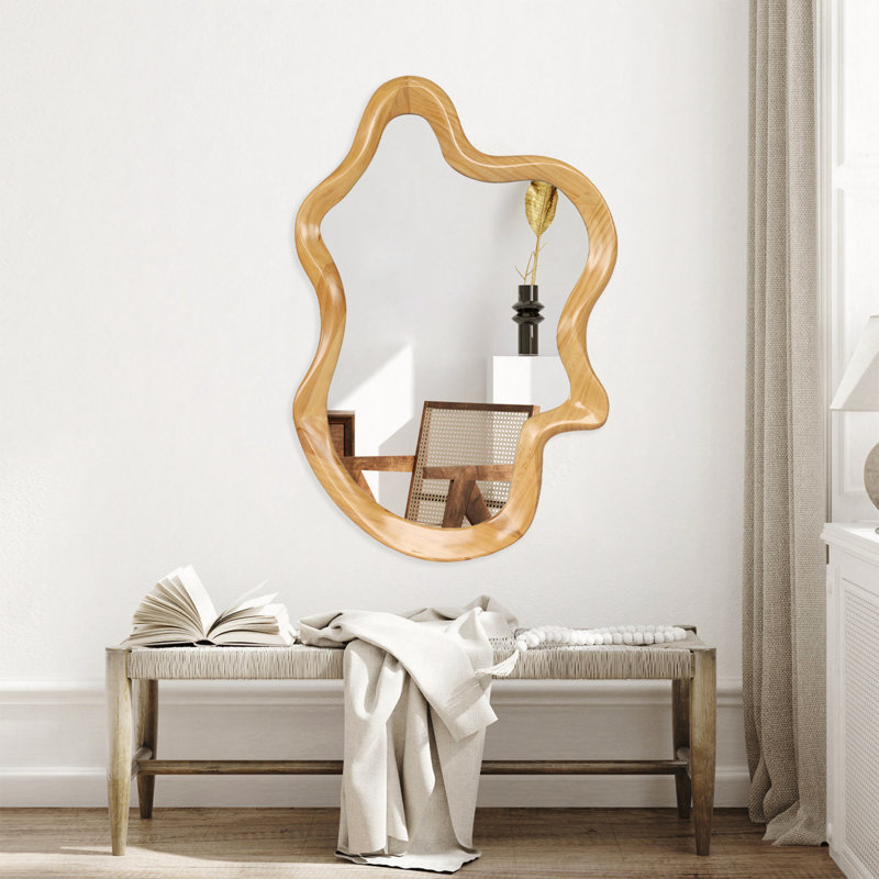 33.46" x 22.24" Irregular Shaped Wall Mirror with Natural Wood Frame