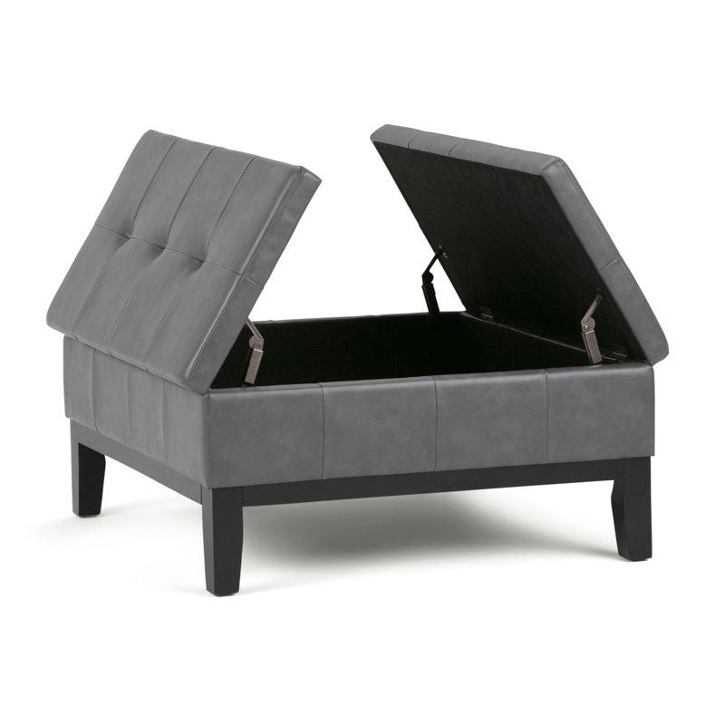 Stone Gray Faux Leather Tufted Square Cocktail Ottoman with Storage
