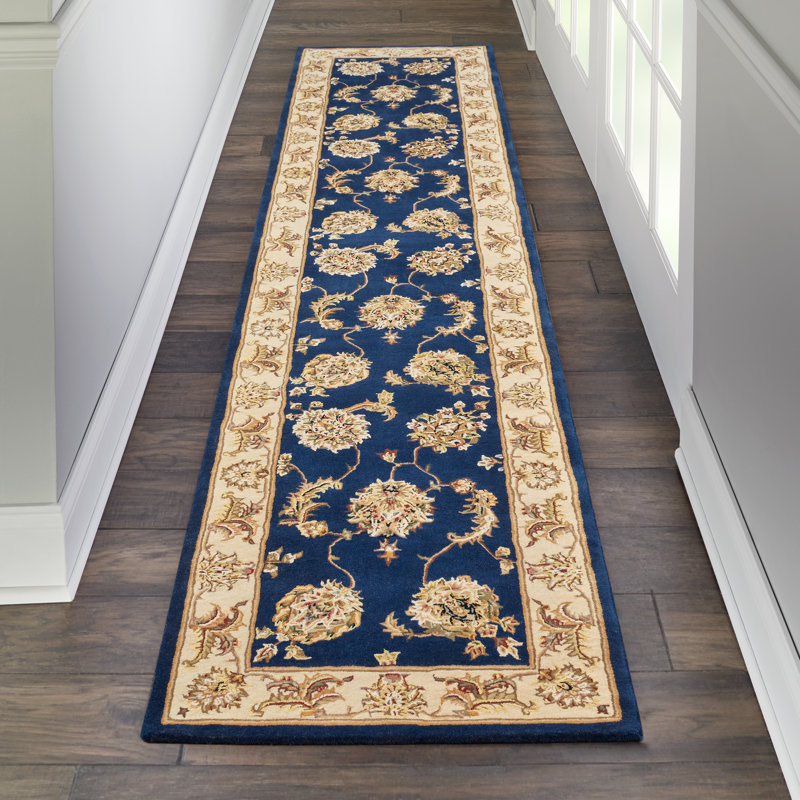 Tapis bleu marine en soie / laine touffeté à la main Oboyle, Tapis de couloir 2 pi 3 po x 8 pi
