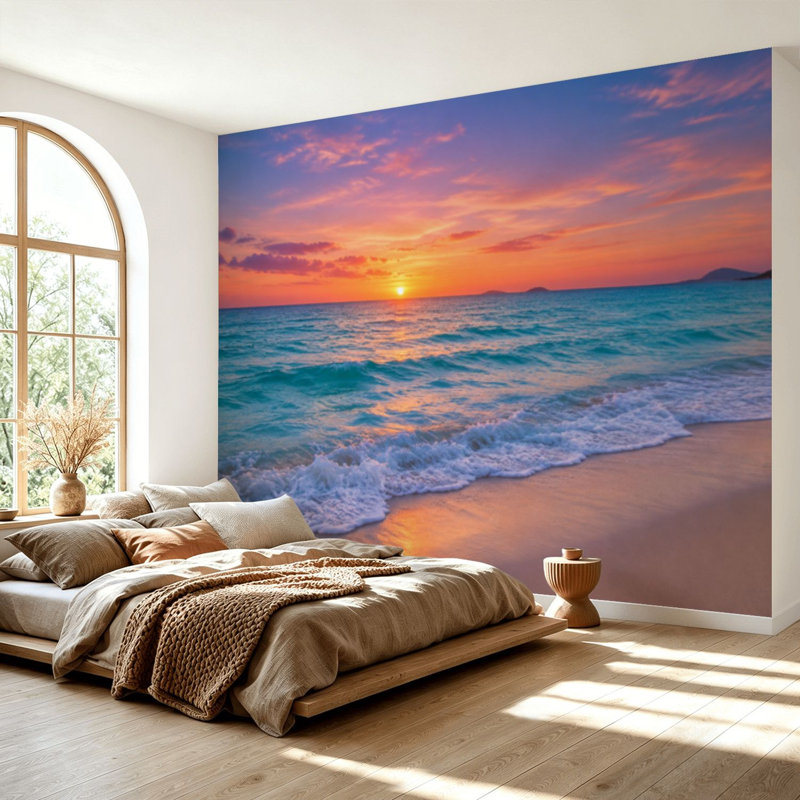 Papier peint adhésif autocollant de plage bord de mer rose Sunset Sunset, L 69 po x l 96 po