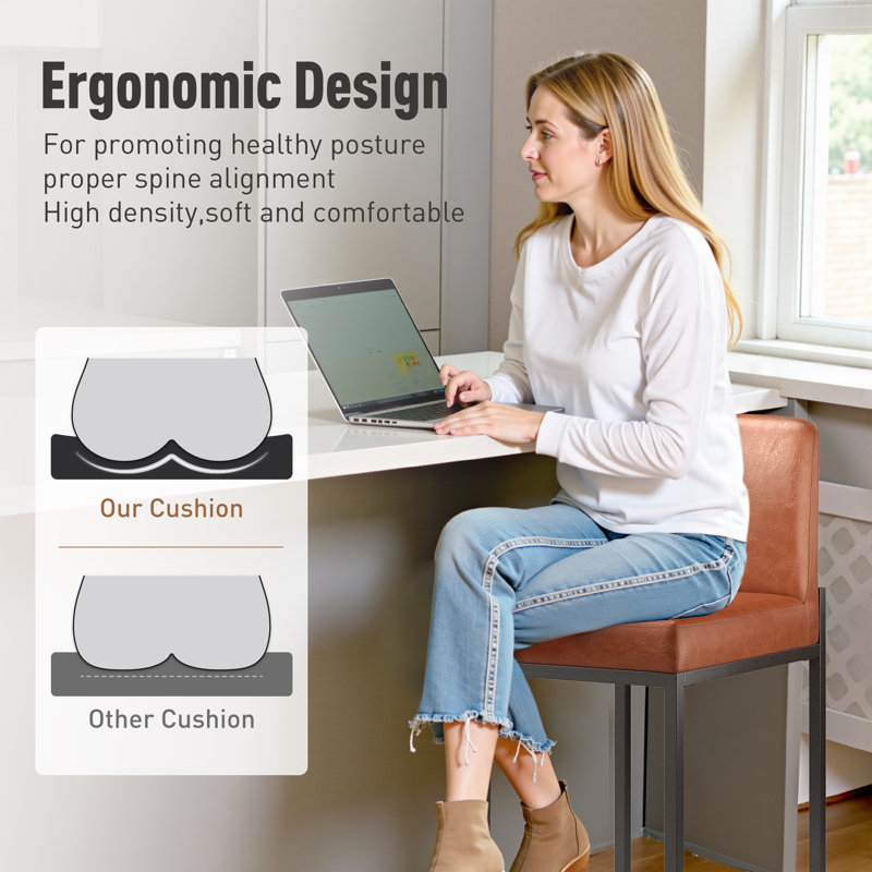 24" Modern Upholstered Kitchen Counter Stool with Black Metal Sled Base & Brown Faux Leather (Set of 2), Black, 2, Brown