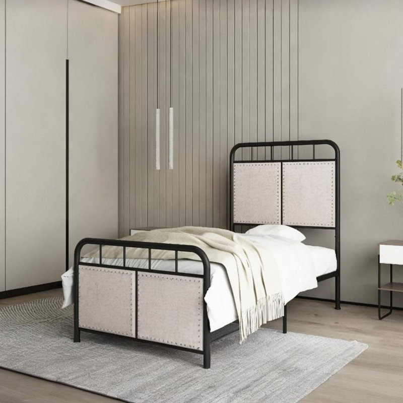 Base de lit simple tapissier en lin avec tête de lit et pied de lit en tissu