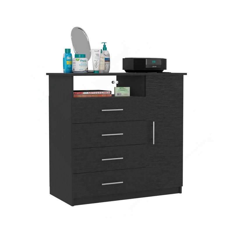 Commode 4 tiroirs, 1 tablette ouverte, plateau supérieur, armoire à une porte, noir