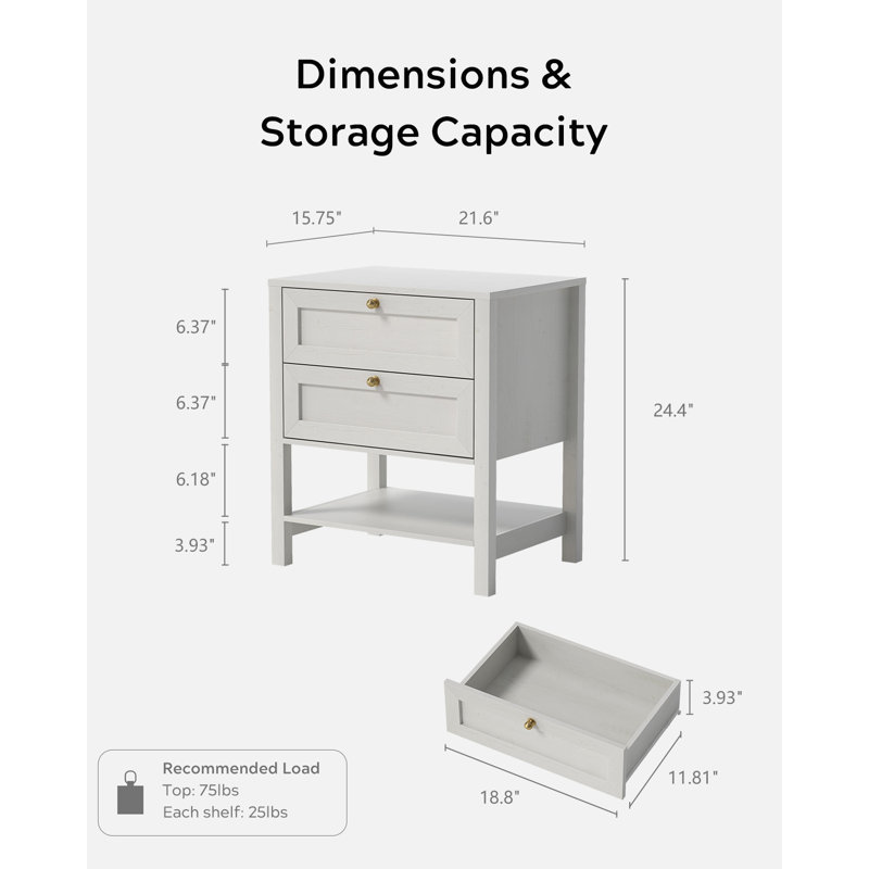 Wooden Nightstand With 2-Drawer And Shelf（Set  of 2）, Antique White