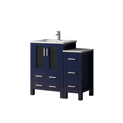 Navy Blue 36 In. Wide Single Bath Vanity With Side Cabinet, Faucet, And Stain - Top Five Drawers, Interior Surface