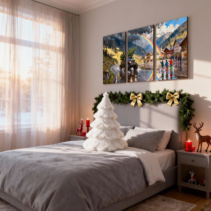 «Christmas Mountain Road Rainbow Truck Village People», ensemble de 3 impressions sur toile, H 36 po x l 72 po