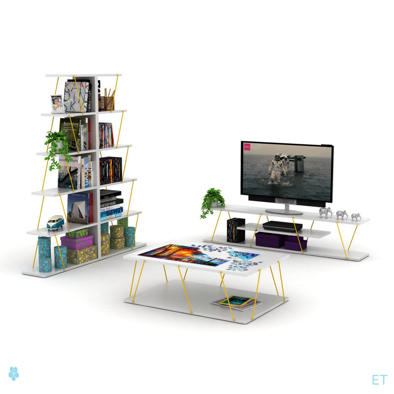 Meuble télé Furnishome Store Tars Mid Century Modern 4 tablettes avec rangement ouvert, Blanc / Doré