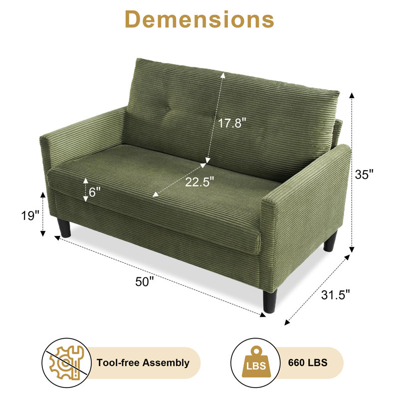 Embrace Supreme Relaxation: 50" Loveseat With Plush Cushioning, Green