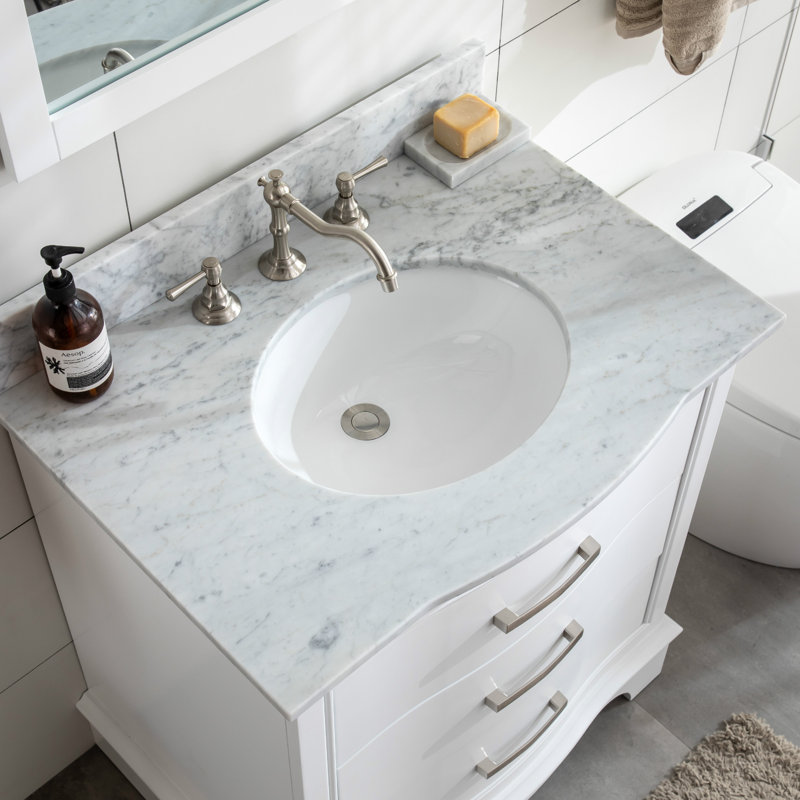 Goleta 30'' Single Bathroom Vanity with Marble Top, White/Brushed nickel