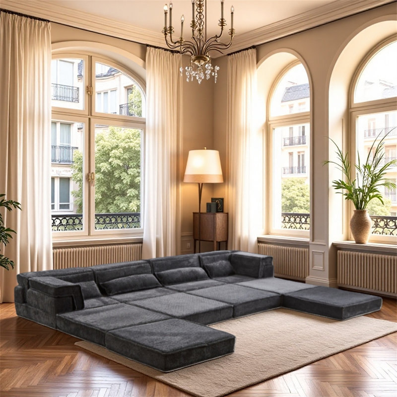 Très grand canapé modulaire sans os à quatre places avec repose-pieds, Gris foncé