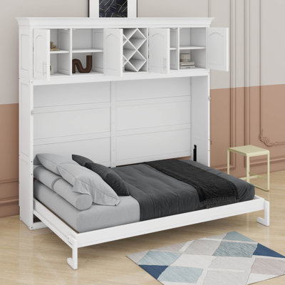 Grand lit escamotable horizontal de taille grand avec tablettes, lit escamotable mural avec armoires supérieures et support à vin