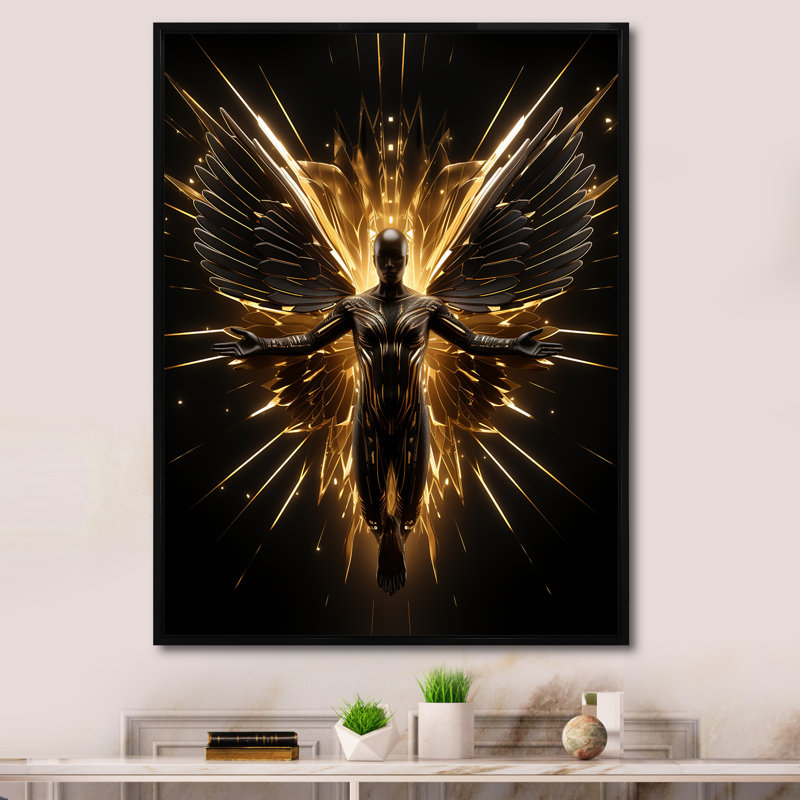 «Yellow Dark Fantasy Angel Warrior», art mural fantastique, Cadre flottant noir, H 40 po x l 30 po